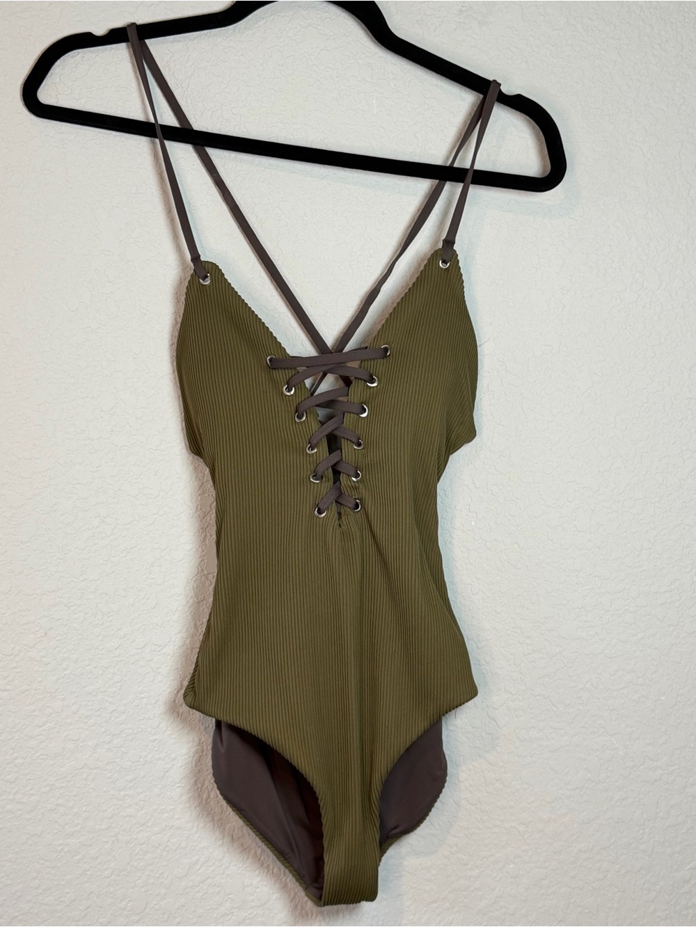 Dolce Vita Olive Green Ribbed Lace-Up One-Piece Swimsuit